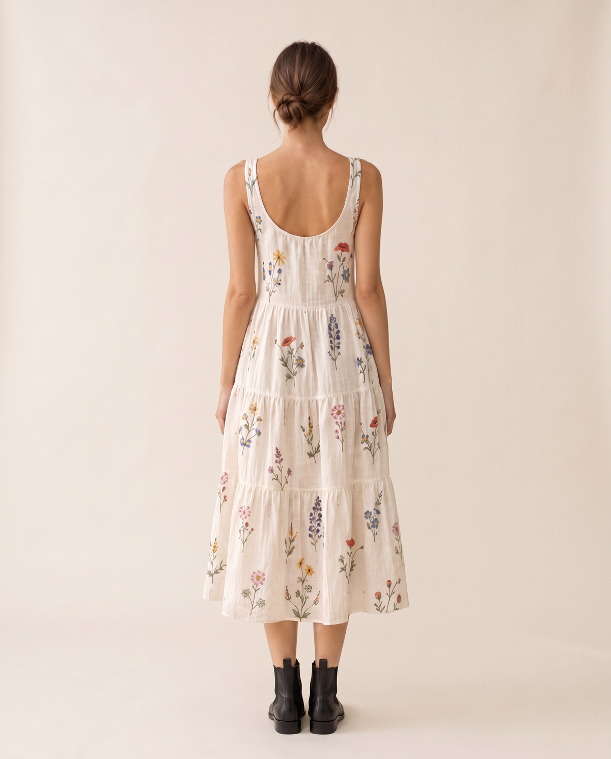 Sitka Relaxed Wildflower-Embroidered Tiered Midi Dress — studio back