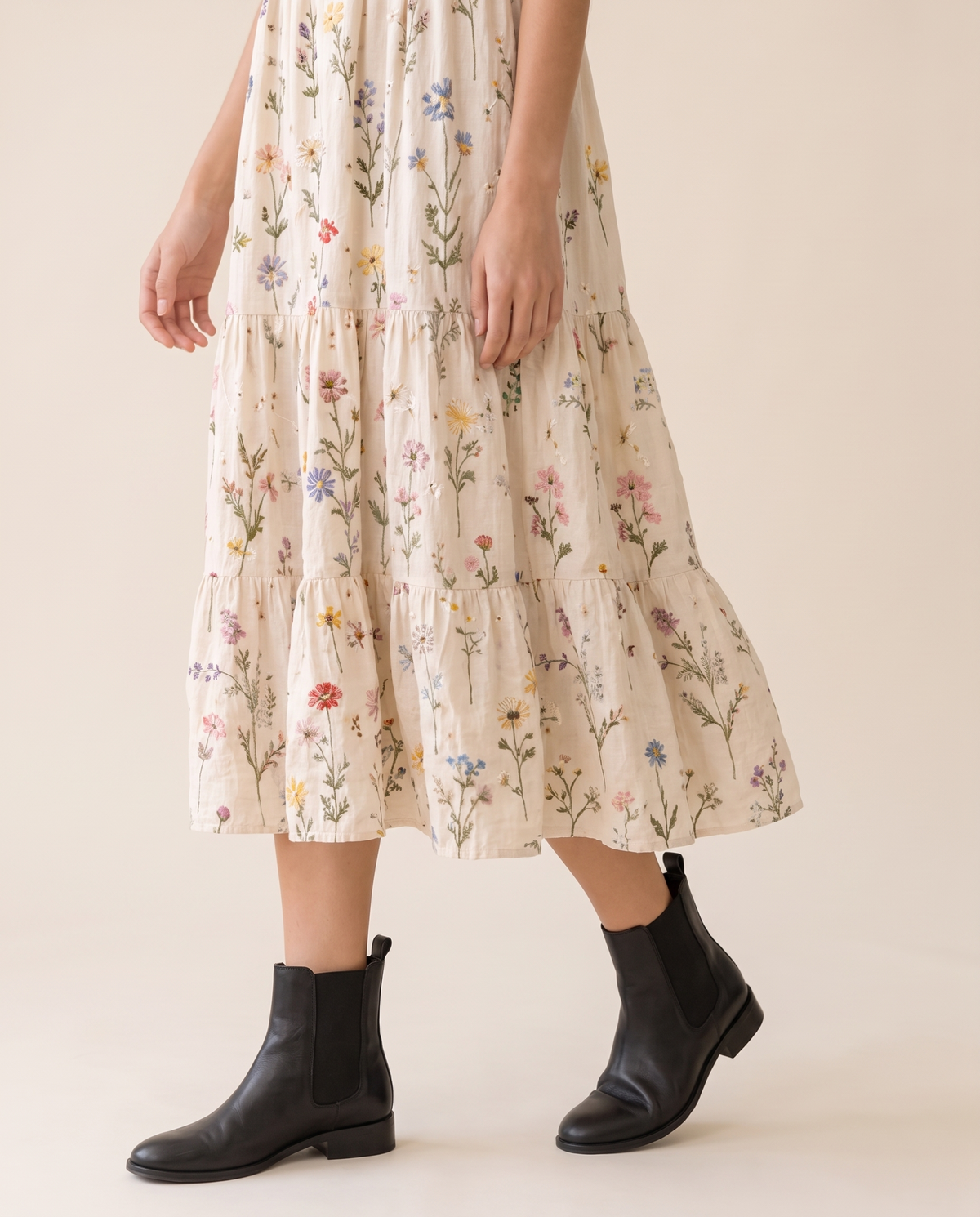 Sitka Relaxed Wildflower-Embroidered Tiered Midi Dress — tiered hem, worn