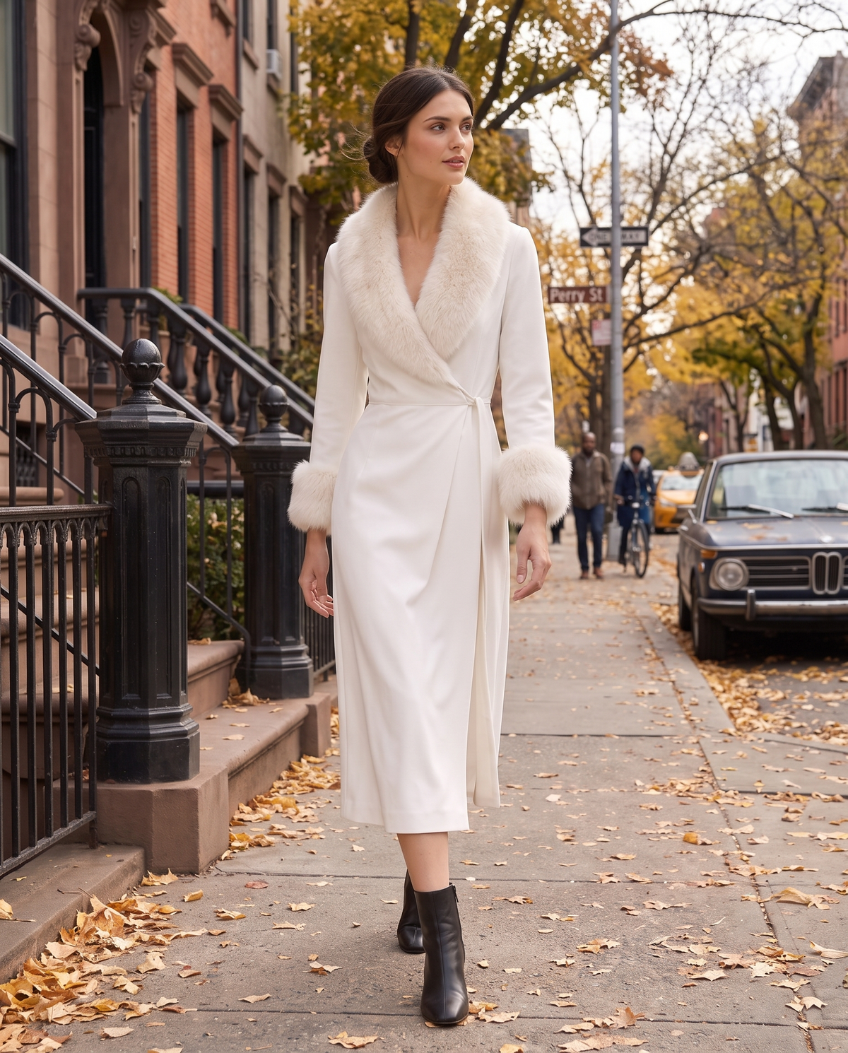 Zermatt Tailored Wrap-Front Faux Fur Trim Midi Dress — worn on a New York street in autumn