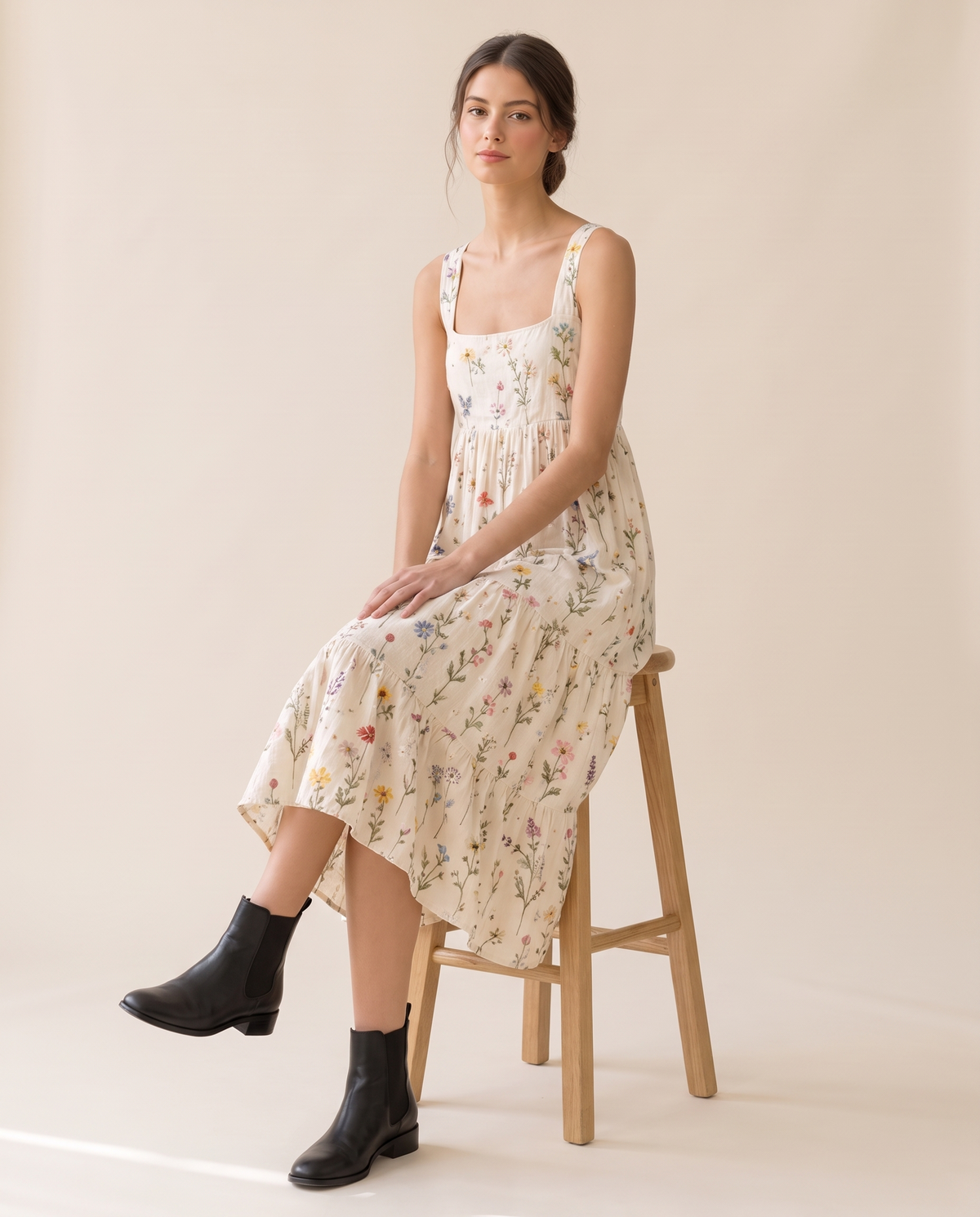 Sitka Relaxed Wildflower-Embroidered Tiered Midi Dress — worn seated