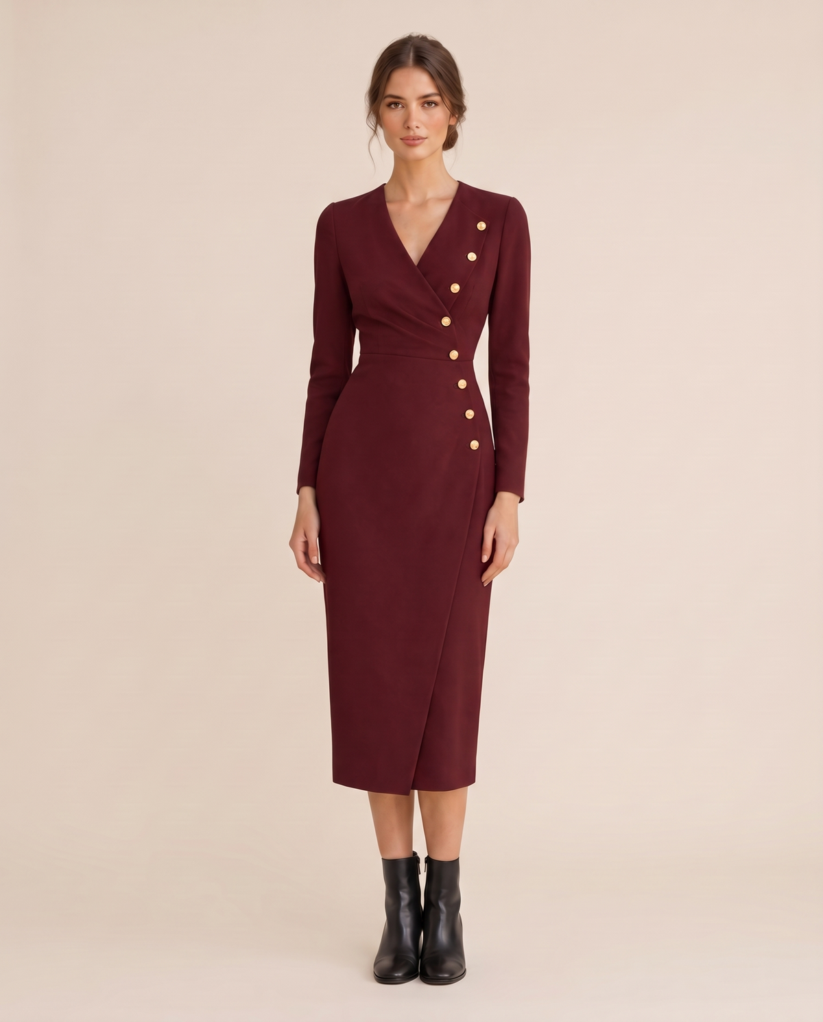 Stockholm Tailored Wrap-Front Buttoned Midi Dress — studio front