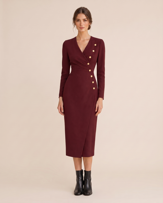 Stockholm Tailored Wrap-Front Buttoned Midi Dress — studio front