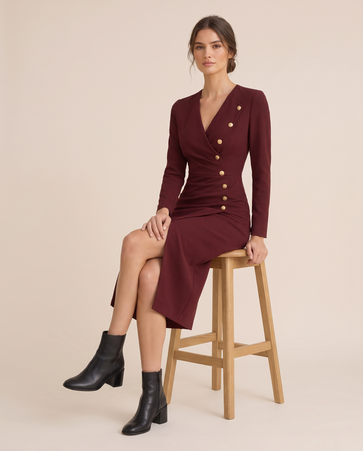 Stockholm Tailored Wrap-Front Buttoned Midi Dress — worn seated