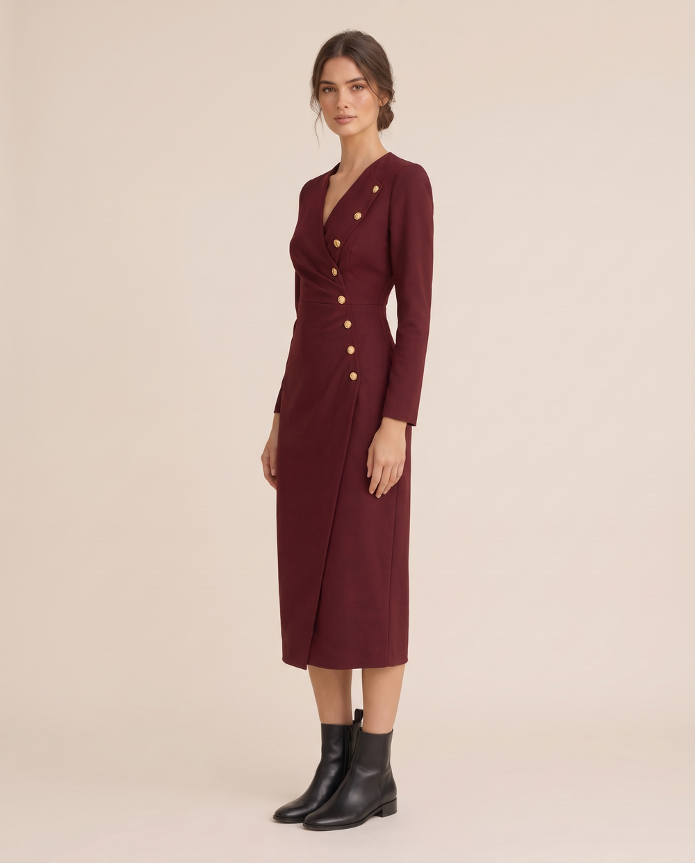 Stockholm Tailored Wrap-Front Buttoned Midi Dress — three-quarter view