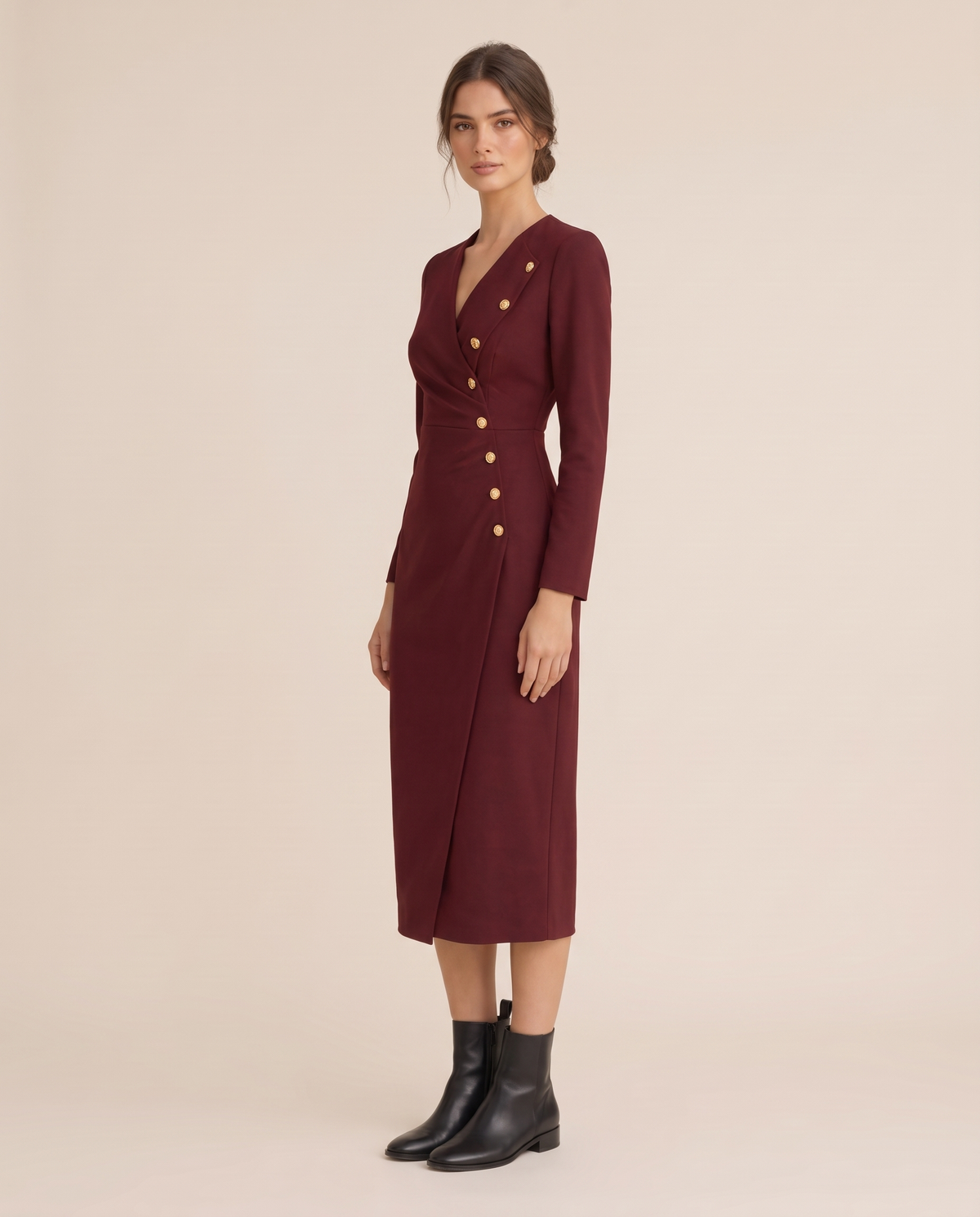 Stockholm Tailored Wrap-Front Buttoned Midi Dress — three-quarter view