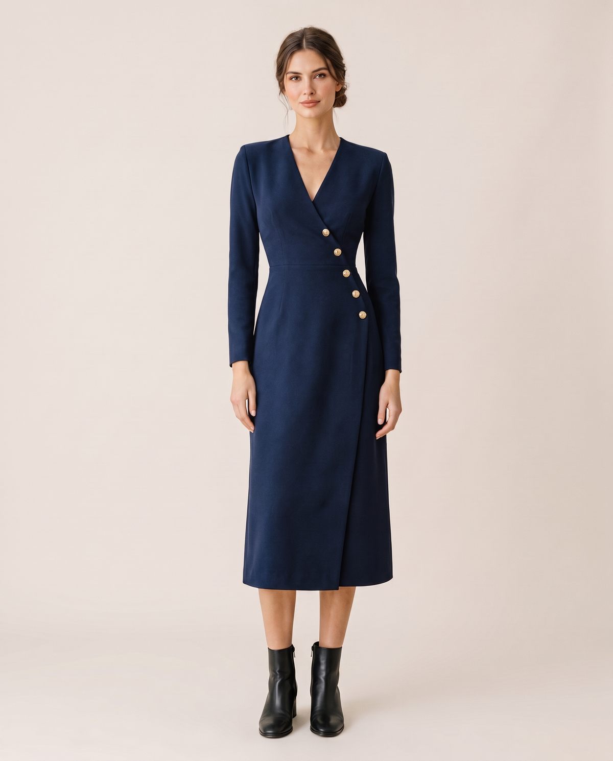 Stockholm Tailored Wrap-Front Buttoned Midi Dress — navy, studio front