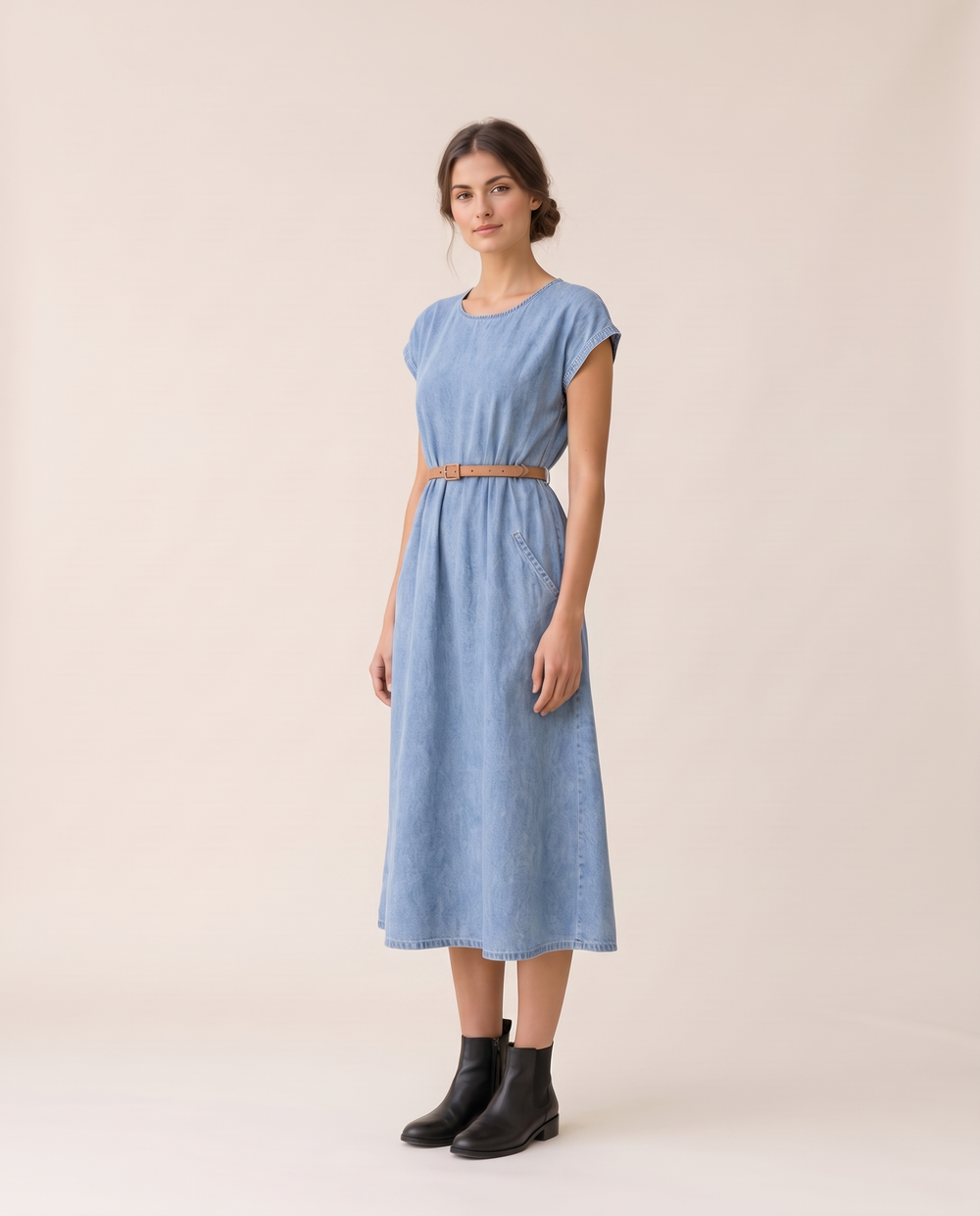 Marlee Denim Midi Dress with Pockets — three-quarter view