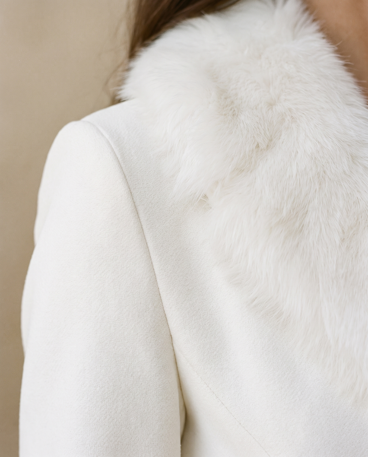 Zermatt Tailored Wrap-Front Faux Fur Trim Midi Dress — faux fur collar close-up