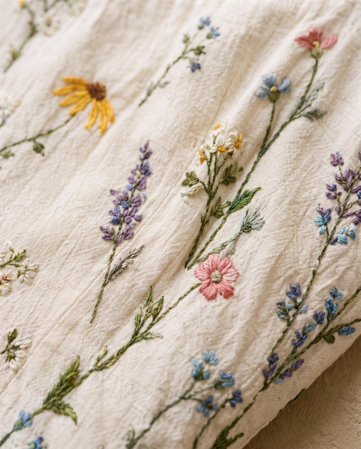 Sitka Relaxed Wildflower-Embroidered Tiered Midi Dress — wildflower embroidery close-up