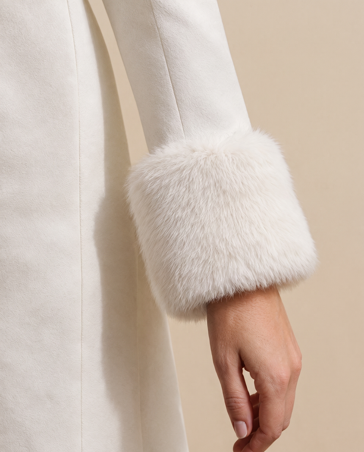 Zermatt Tailored Wrap-Front Faux Fur Trim Midi Dress — faux fur cuff detail