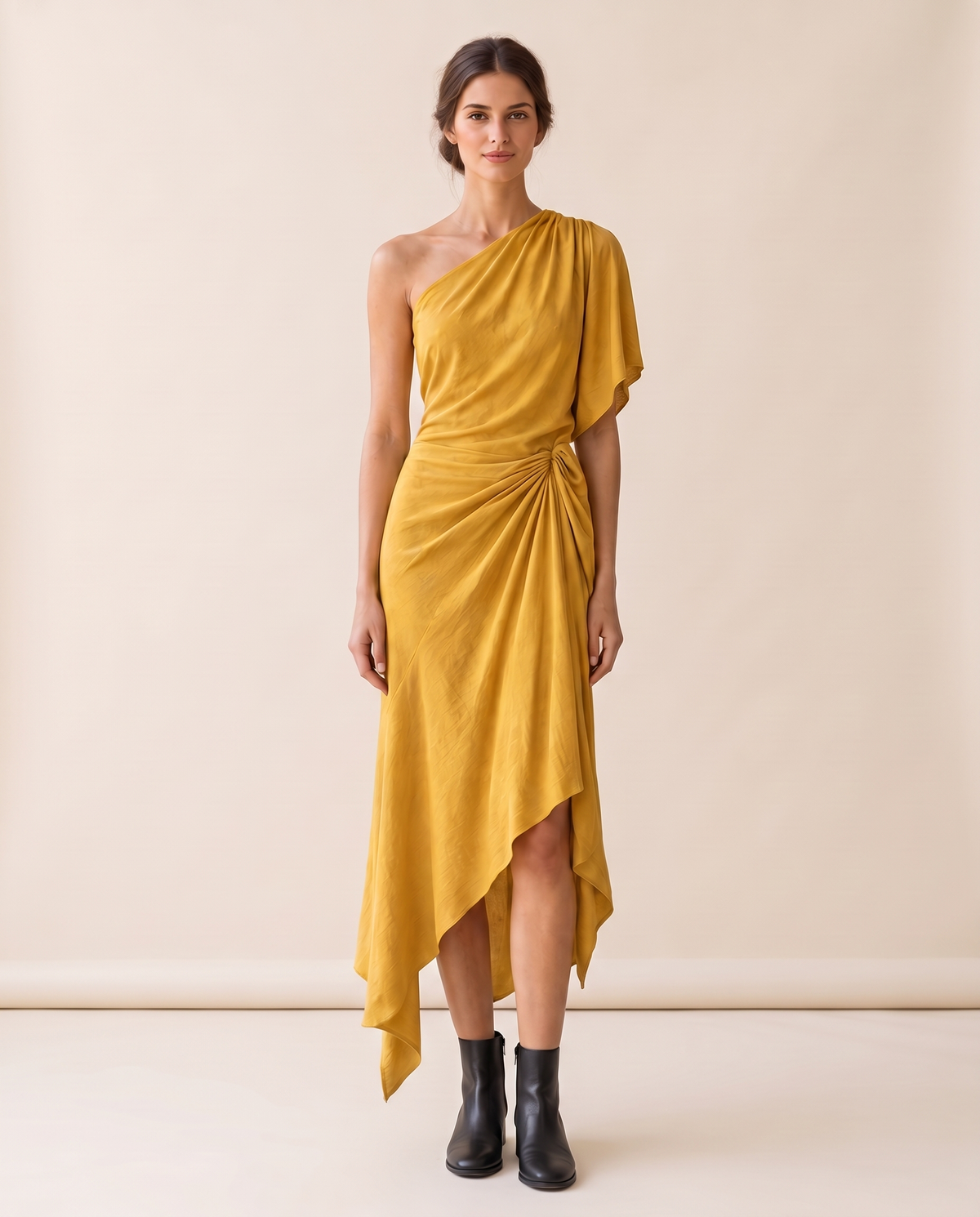Tidewater Chic One-Shoulder Asymmetrical Hem Dress — studio front