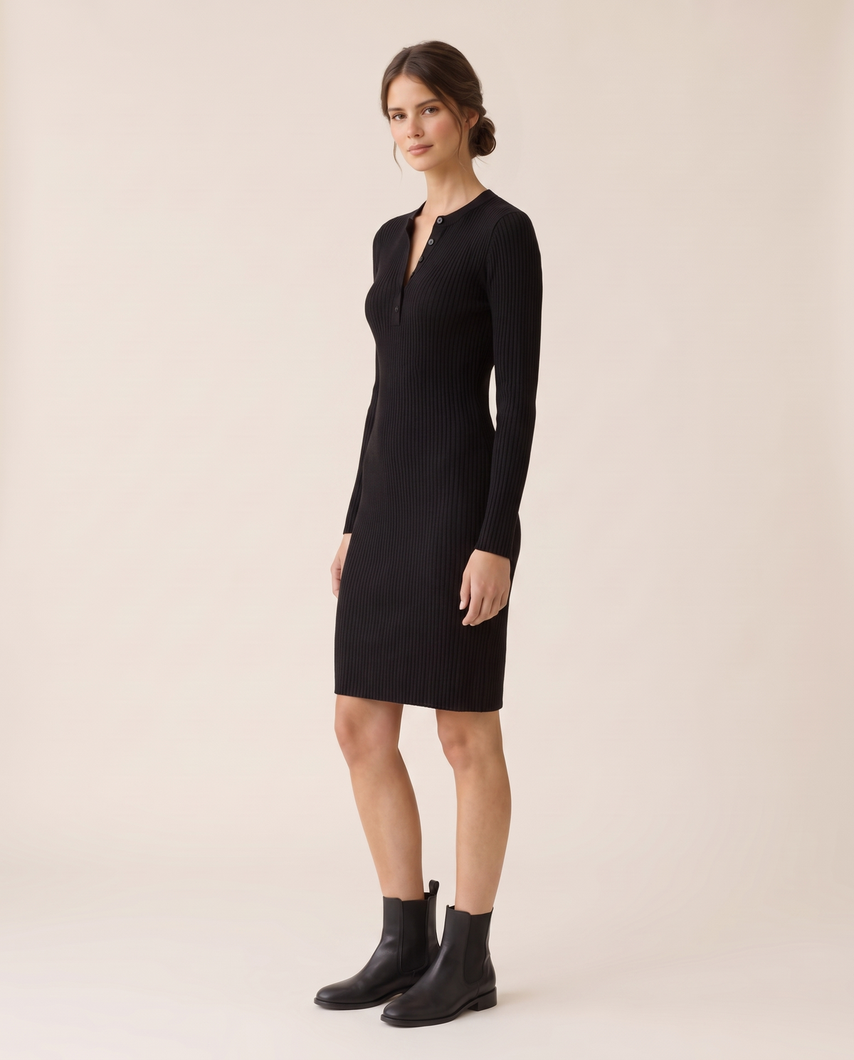 Alpine Cozy Ribbed Knit Sweater Dress — three-quarter view