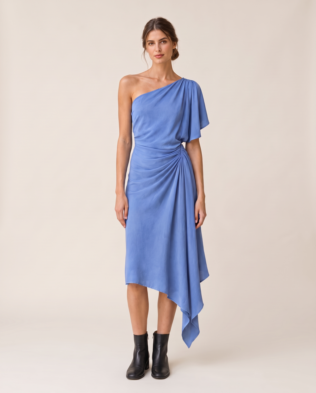 Tidewater Chic One-Shoulder Asymmetrical Hem Dress — cornflower blue, studio front