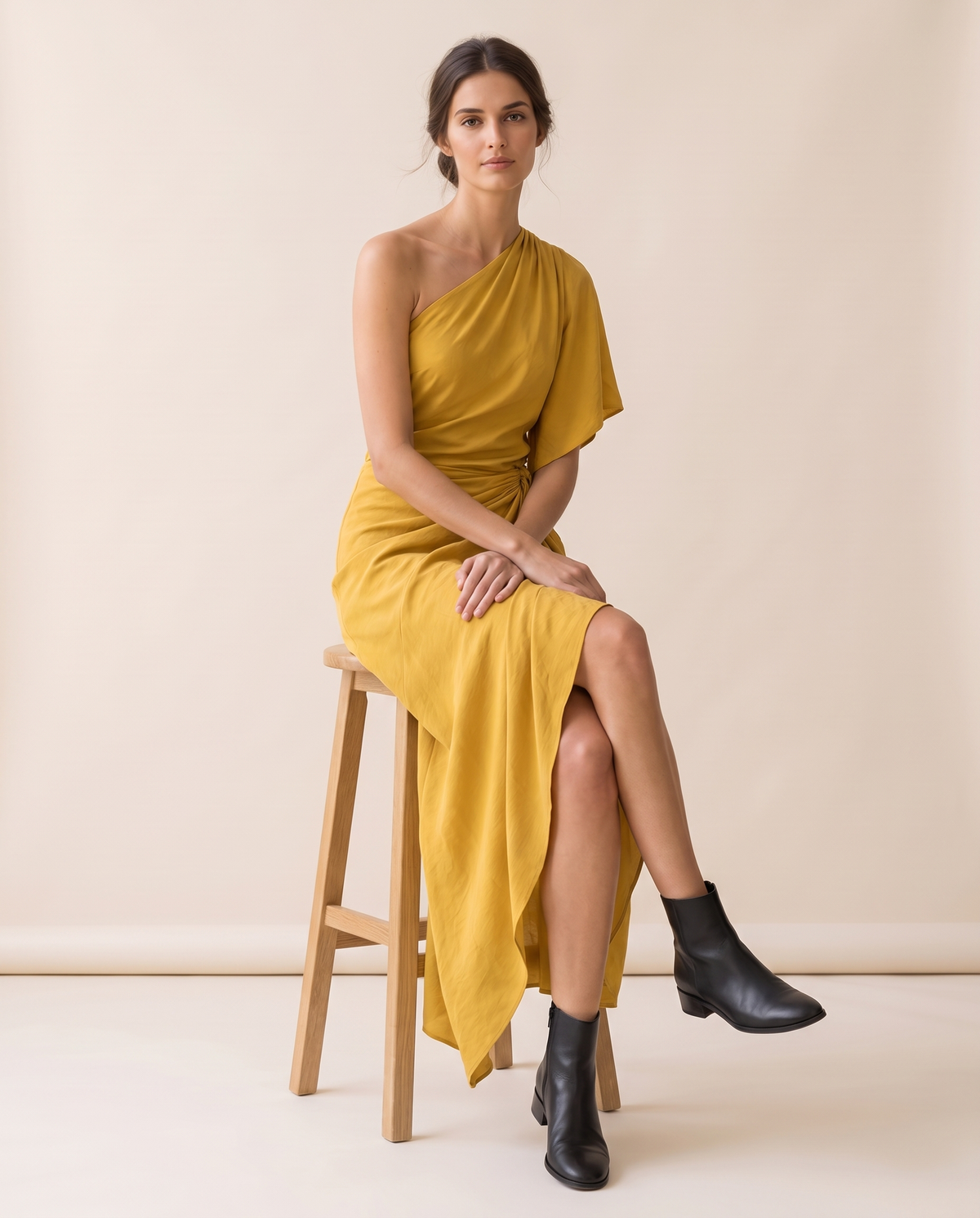 Tidewater Chic One-Shoulder Asymmetrical Hem Dress — worn seated