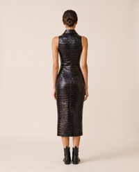 Ravenwood Sleek Croc-Embossed Zip-Front Midi Dress — studio back