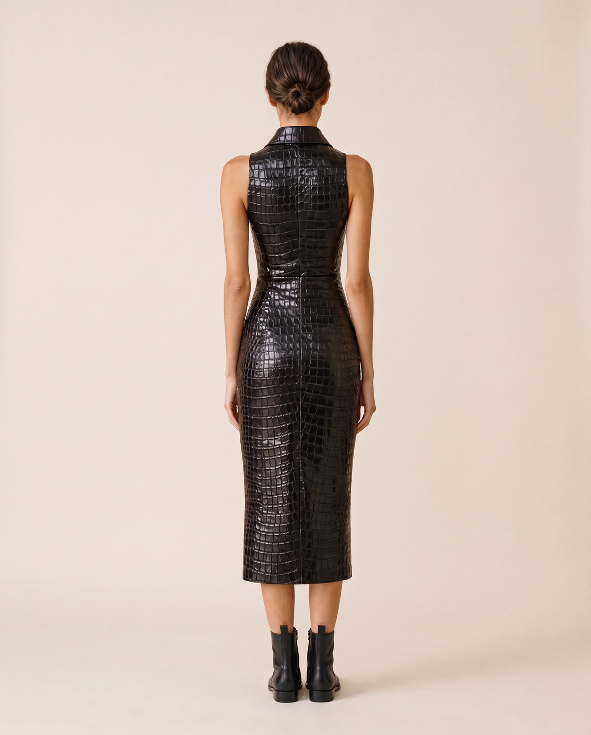 Ravenwood Sleek Croc-Embossed Zip-Front Midi Dress — studio back