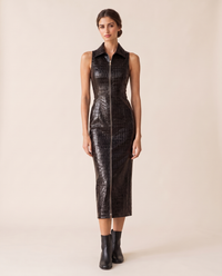 Ravenwood Sleek Croc-Embossed Zip-Front Midi Dress — studio front