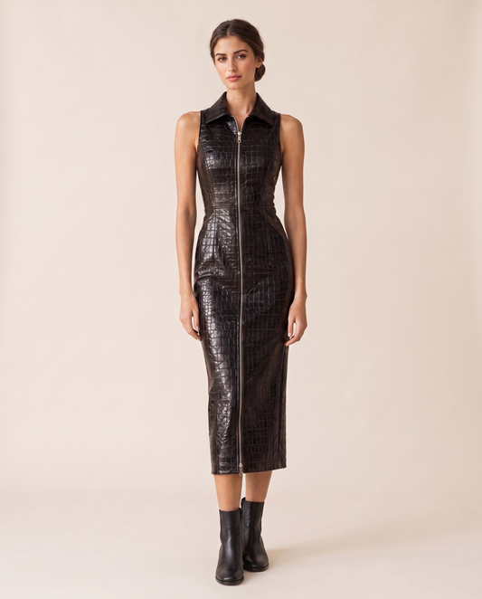 Ravenwood Sleek Croc-Embossed Zip-Front Midi Dress — studio front