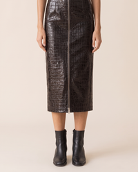 Ravenwood Sleek Croc-Embossed Zip-Front Midi Dress — croc-embossed skirt, worn