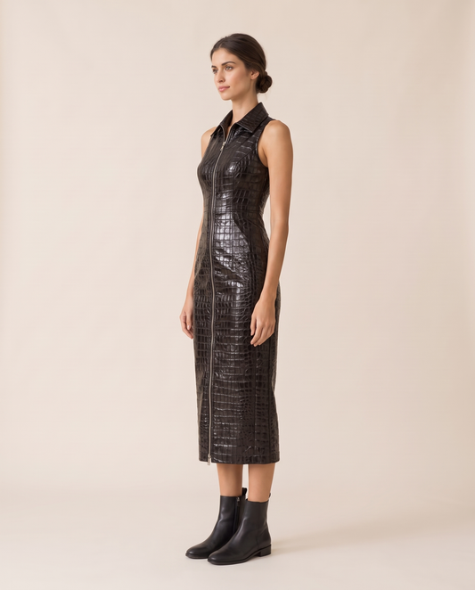Ravenwood Sleek Croc-Embossed Zip-Front Midi Dress — three-quarter view