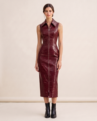 Ravenwood Sleek Croc-Embossed Zip-Front Midi Dress — burgundy, studio front