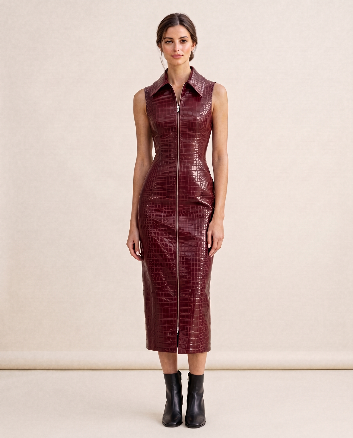 Ravenwood Sleek Croc-Embossed Zip-Front Midi Dress — burgundy, studio front