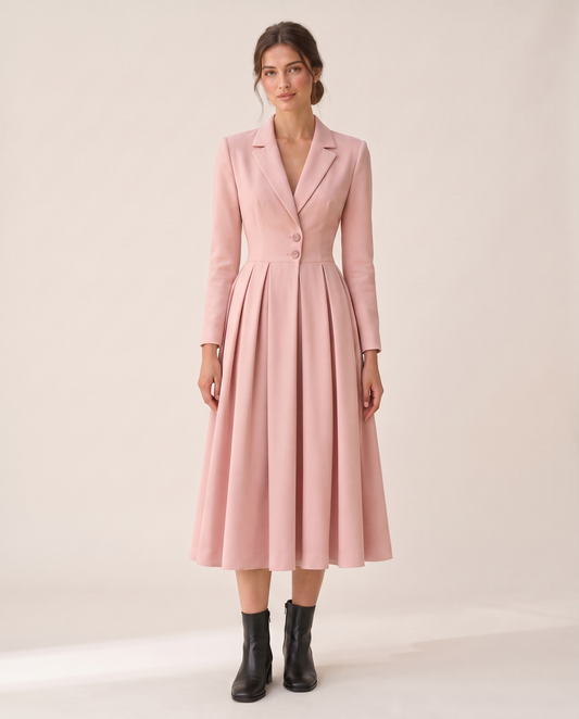 Marais Elegant Notched-Collar Pleated Midi Dress — studio front
