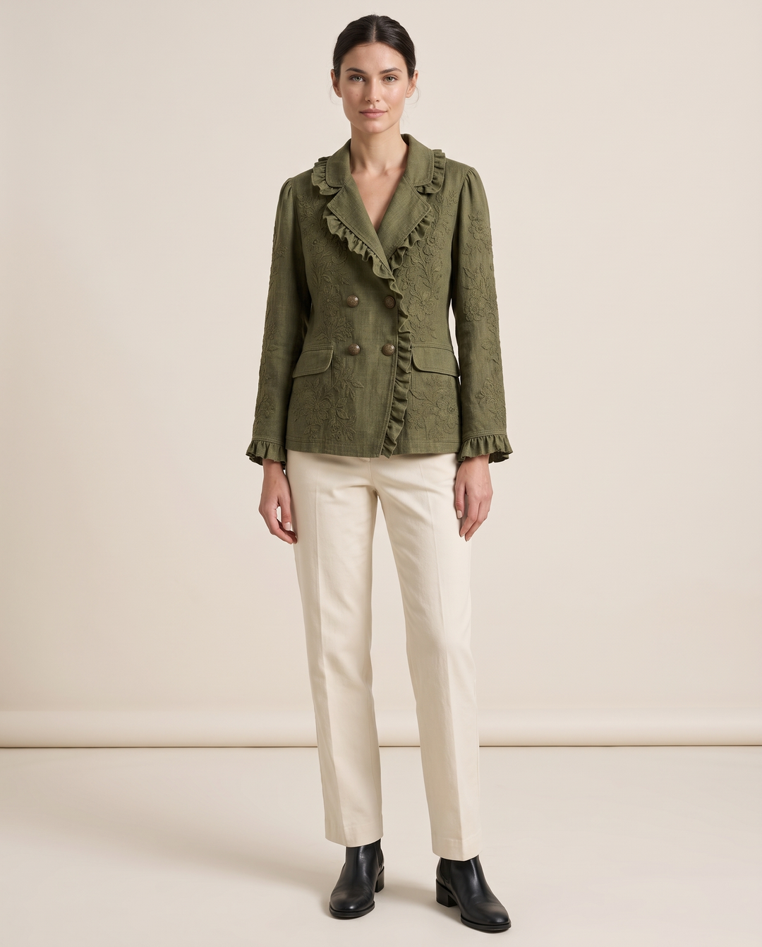 Floral Embroidered Utility Jacket with Ruffle Trim — studio front