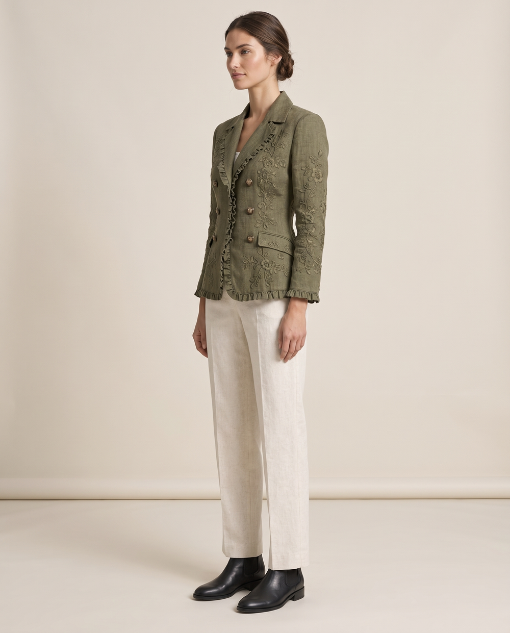Floral Embroidered Utility Jacket with Ruffle Trim — three-quarter view