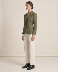 Floral Embroidered Utility Jacket with Ruffle Trim — three-quarter view