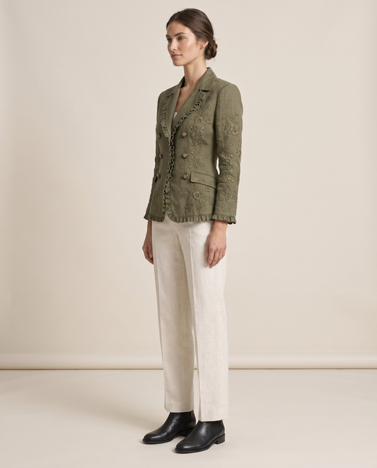 Floral Embroidered Utility Jacket with Ruffle Trim — three-quarter view