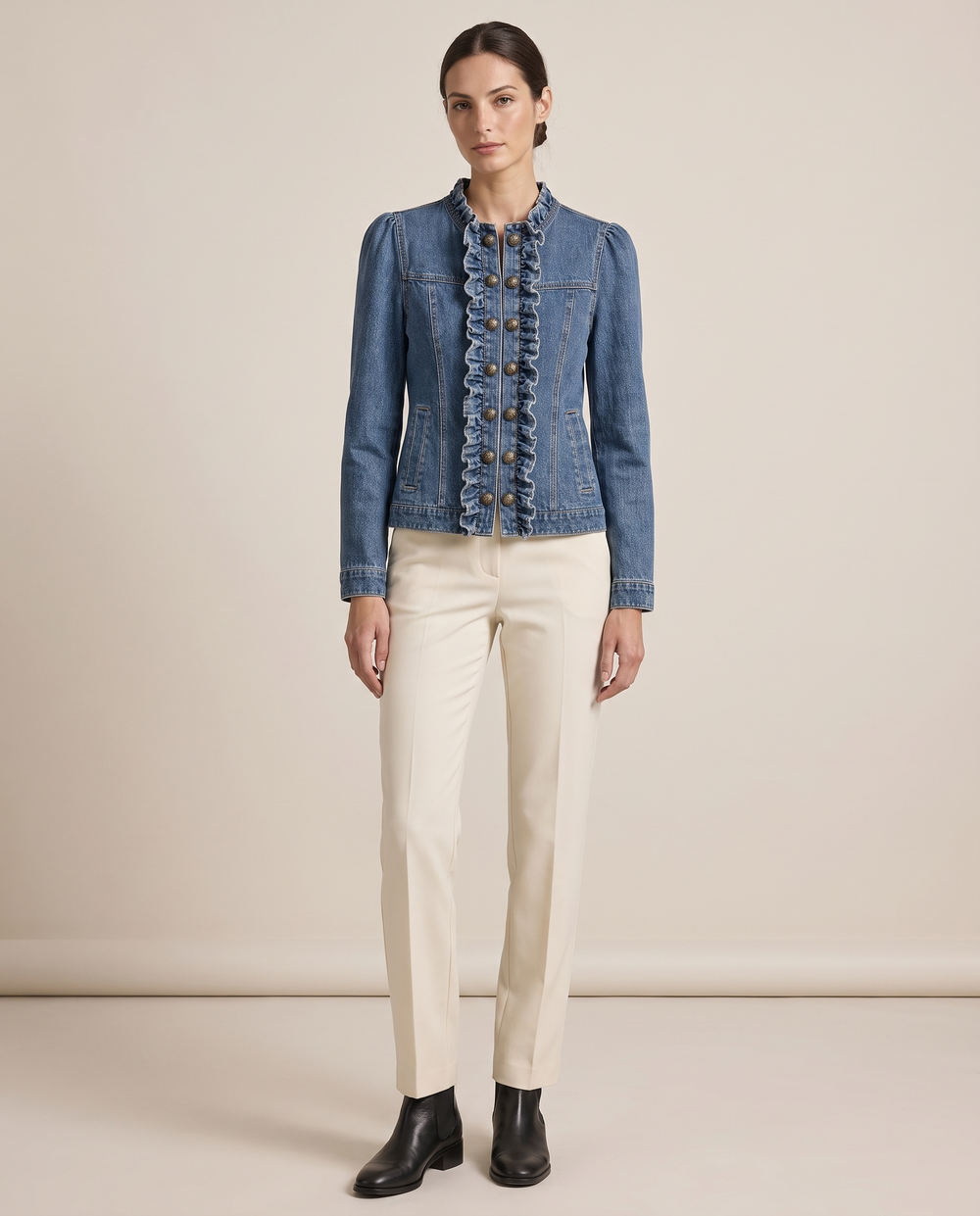 Ruffle-Trim Denim Jacket for Women — studio front