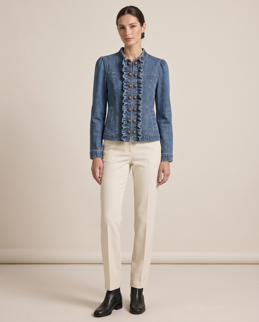 Ruffle-Trim Denim Jacket for Women — studio front