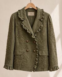Floral Embroidered Utility Jacket with Ruffle Trim — on hanger