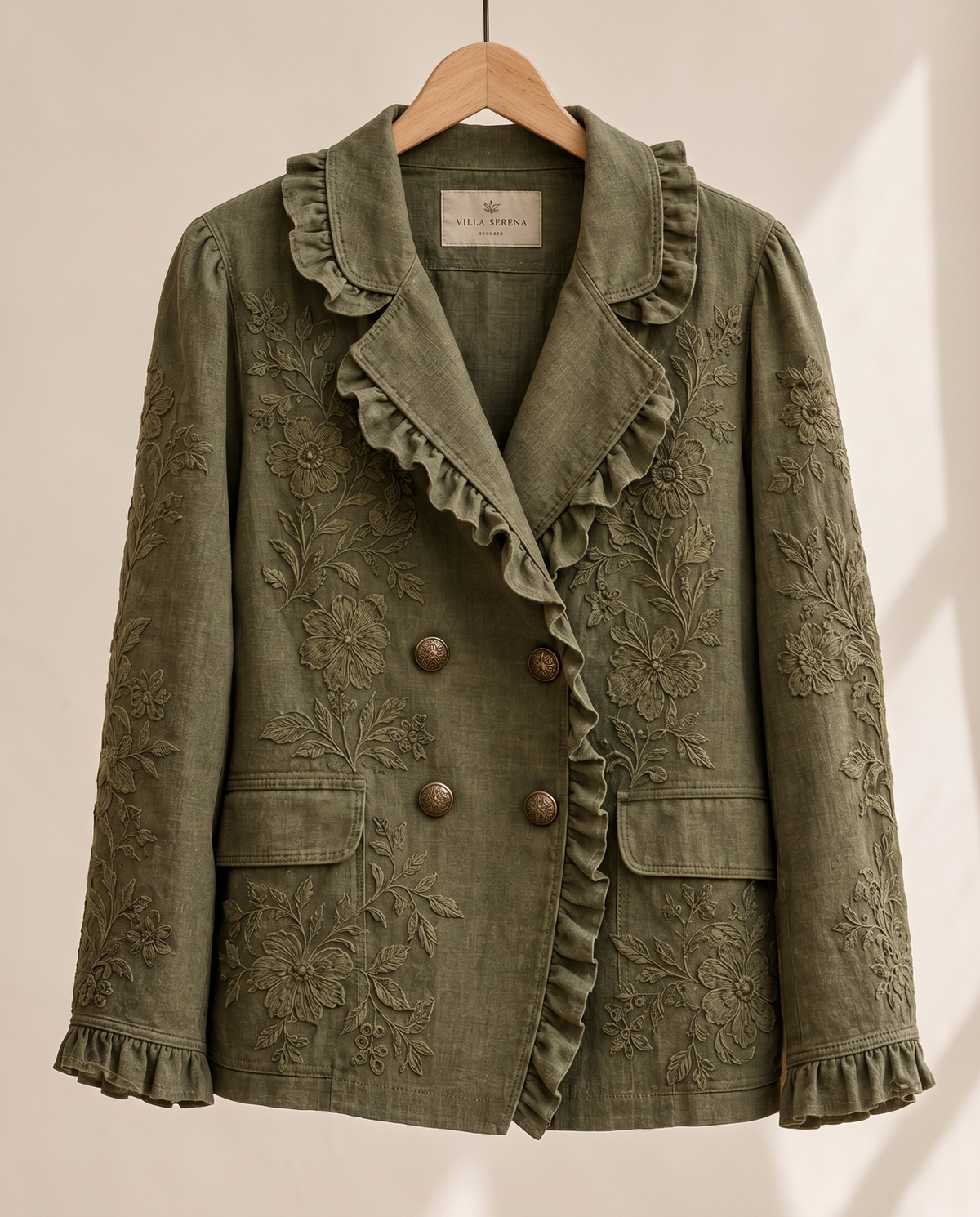 Floral Embroidered Utility Jacket with Ruffle Trim — on hanger