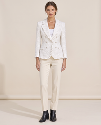 Floral Embroidered Utility Jacket with Ruffle Trim — white, studio front