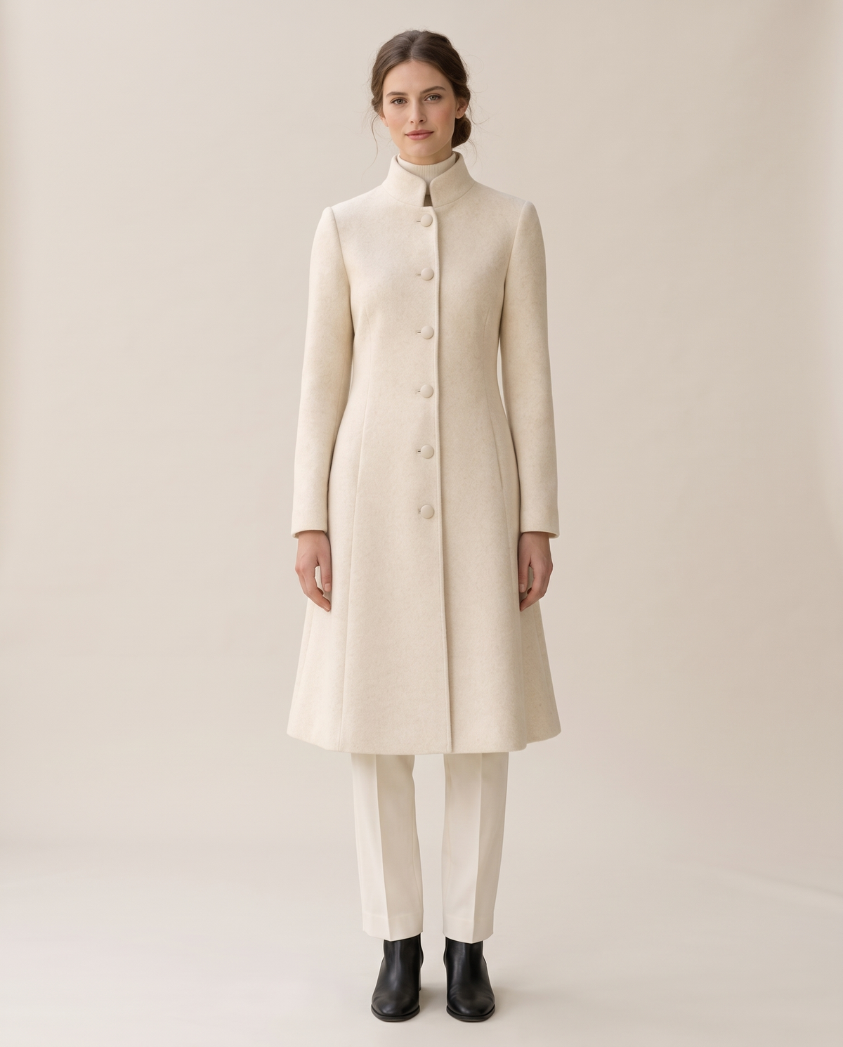 A-Line Coat with Stand Collar — cream, studio front