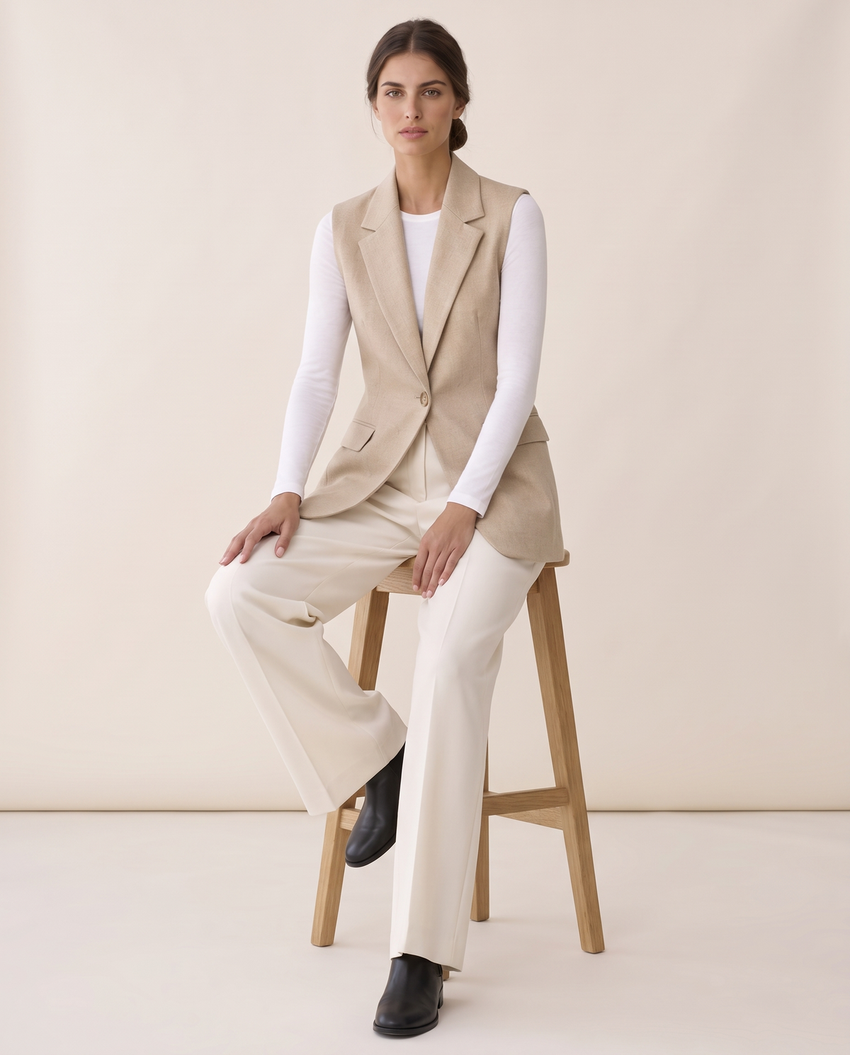 Fitzrovia Tailored Notch-Collar Blazer Vest — worn seated