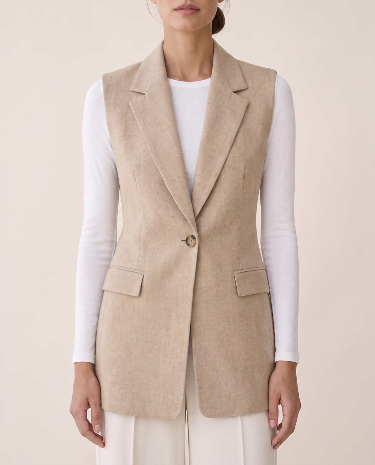 Fitzrovia Tailored Notch-Collar Blazer Vest — collar and buttons, worn