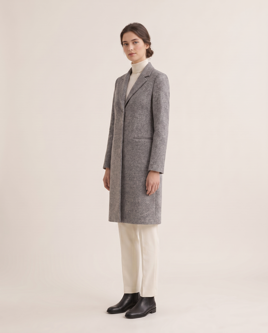 Textured Knee-Length Coat with Blazer Collar — three-quarter view