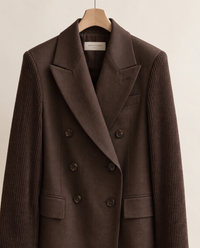 Cascadia Structured Double-Breasted Blazer with Ribbed Sleeves — on hanger