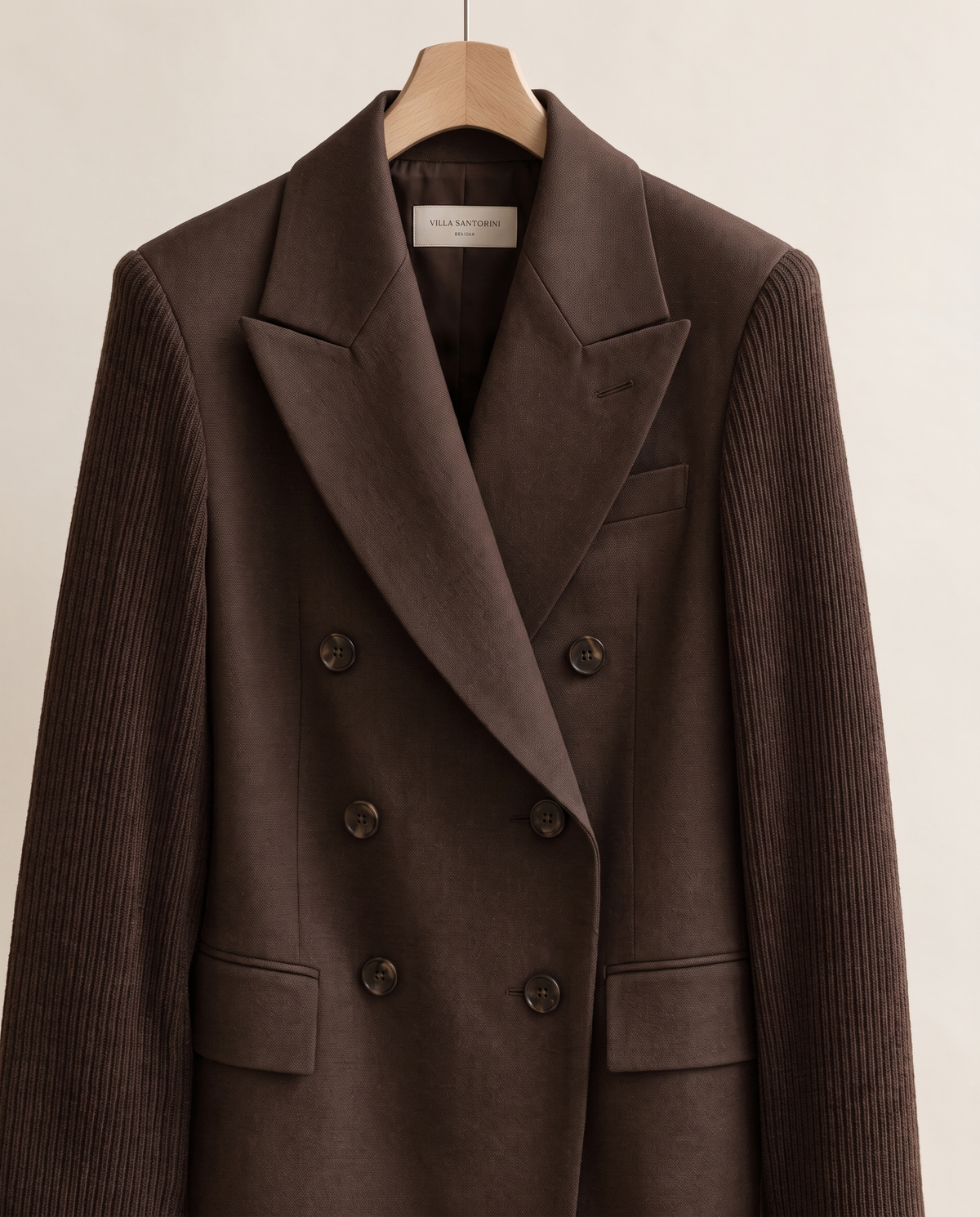 Cascadia Structured Double-Breasted Blazer with Ribbed Sleeves — on hanger