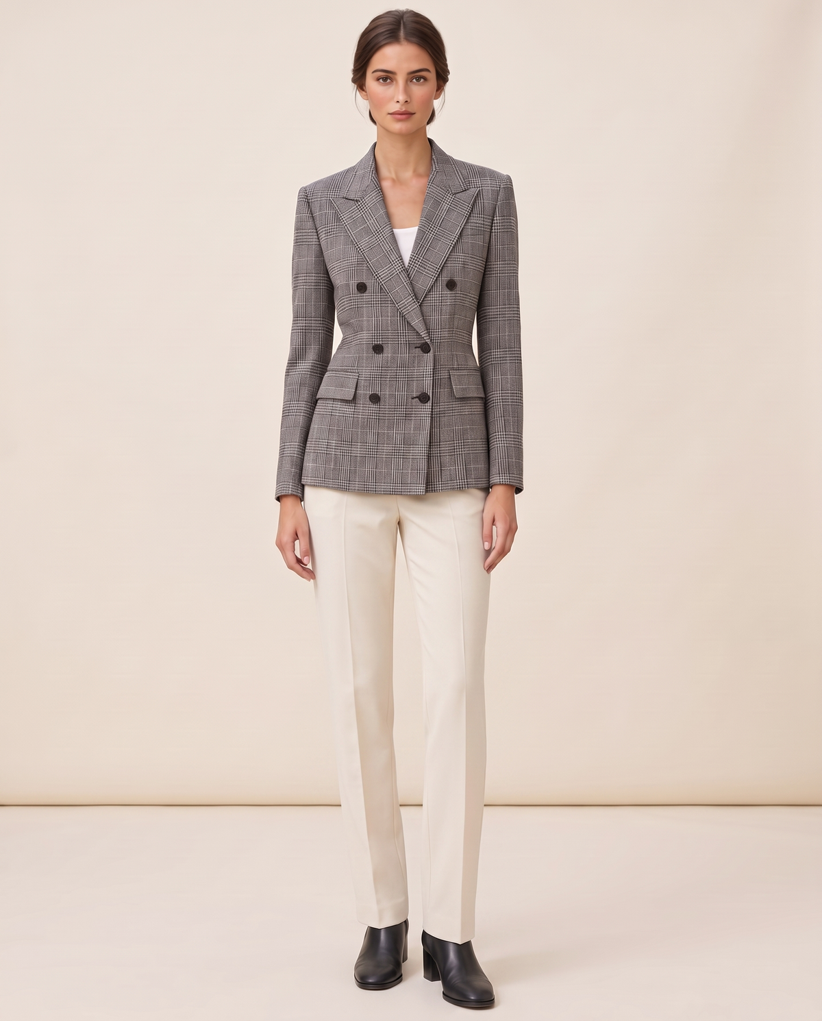 Quimper Tailored Plaid Peak Lapel Blazer — grey plaid, studio front
