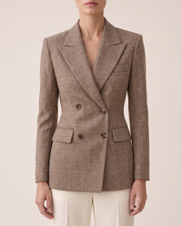 Quimper Tailored Plaid Peak Lapel Blazer — peak lapels and buttons, worn