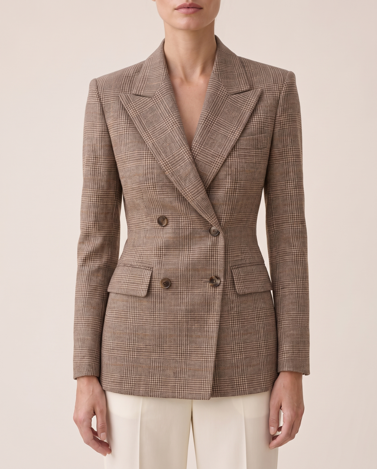 Quimper Tailored Plaid Peak Lapel Blazer — peak lapels and buttons, worn