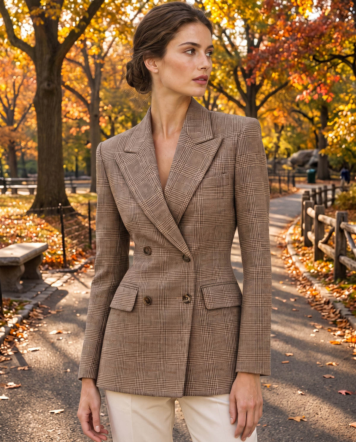 Quimper Tailored Plaid Peak Lapel Blazer — worn in Central Park in autumn