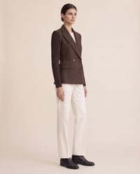 Cascadia Structured Double-Breasted Blazer with Ribbed Sleeves — three-quarter view