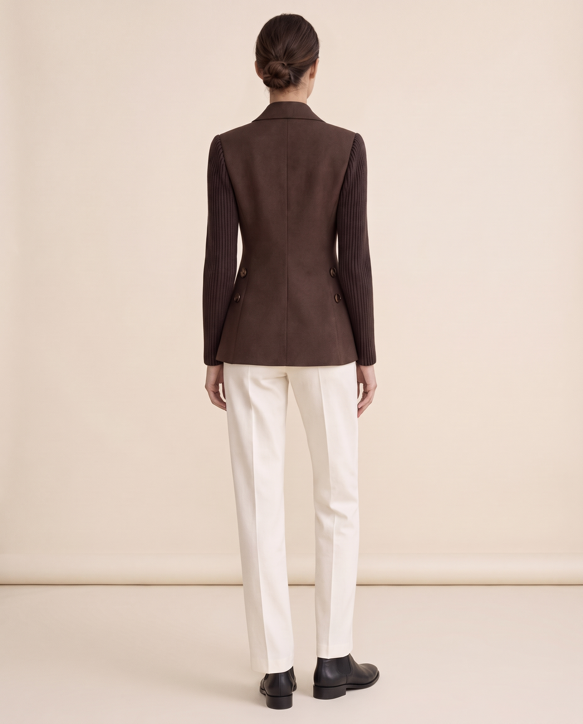 Cascadia Structured Double-Breasted Blazer with Ribbed Sleeves — studio back