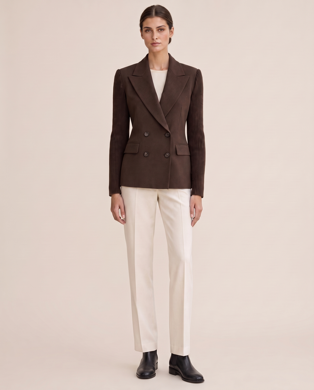 Cascadia Structured Double-Breasted Blazer with Ribbed Sleeves — studio front