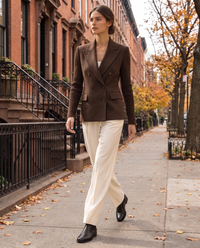 Cascadia Structured Double-Breasted Blazer with Ribbed Sleeves — worn on a New York street in autumn